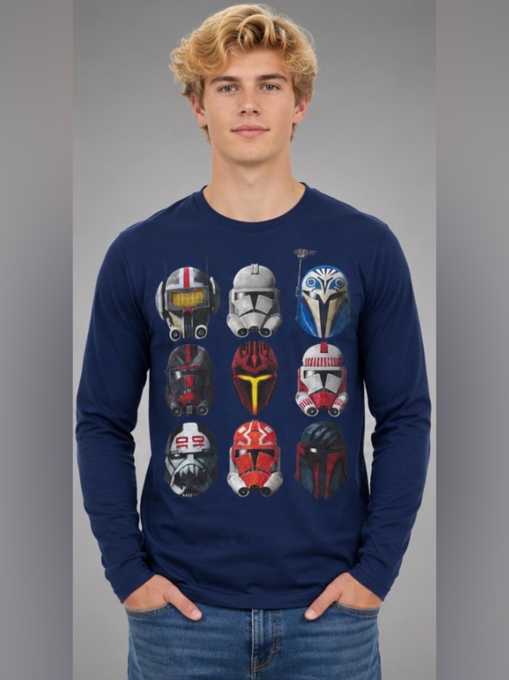 Star Wars Men's Navy Long-Sleeve Helmet Grid Graphic Shirt
